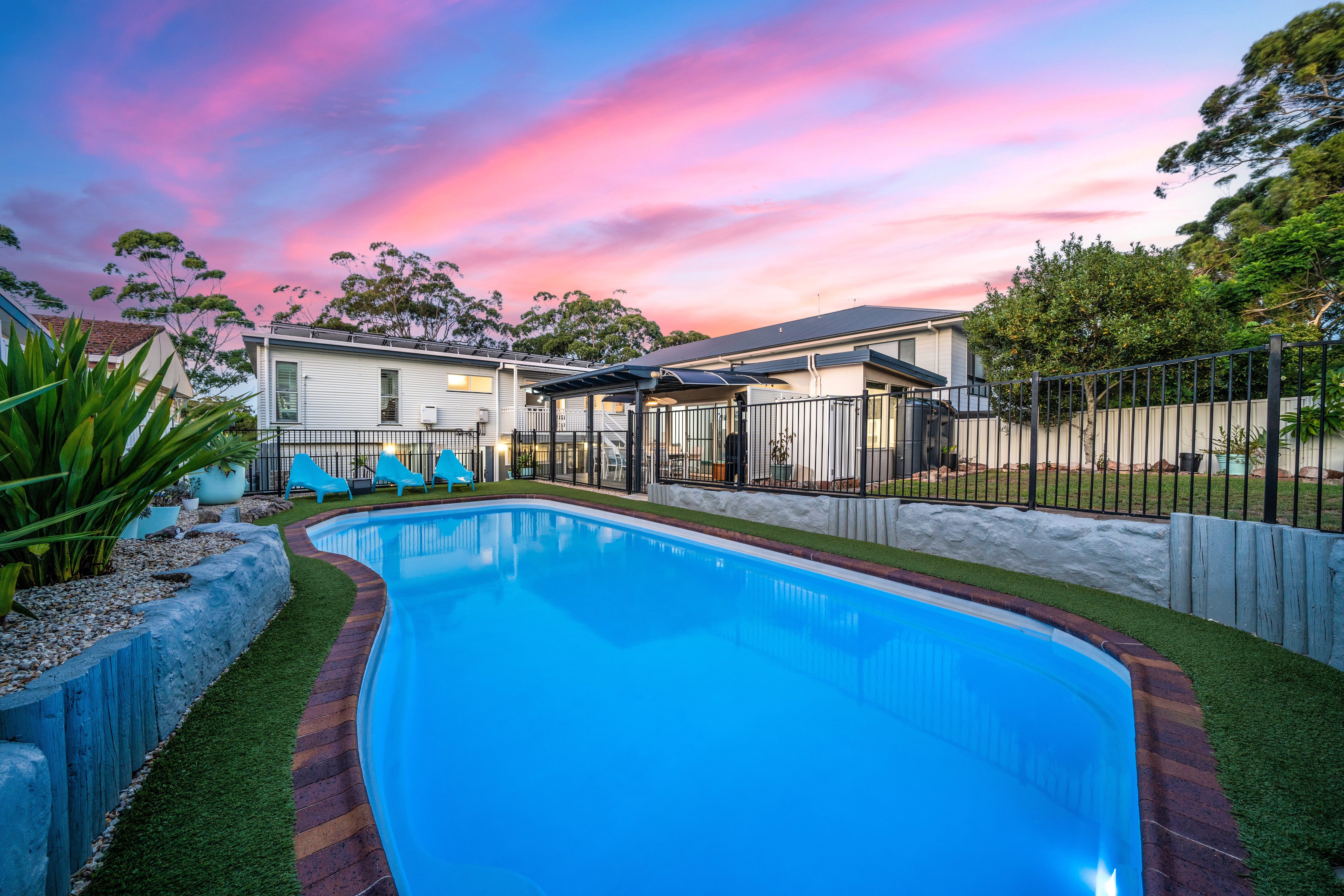 A photo of the pool, Cabana, entertaining area and backyard of the Beach and Bay Holiday House in Nelson Bay
